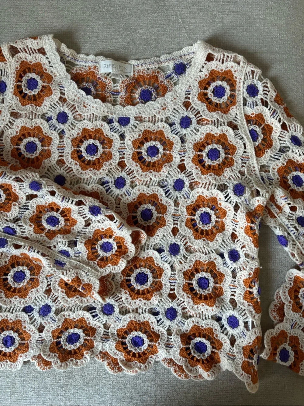 Reformation Crochet Floral Tunic in Cream, Rust & Purple